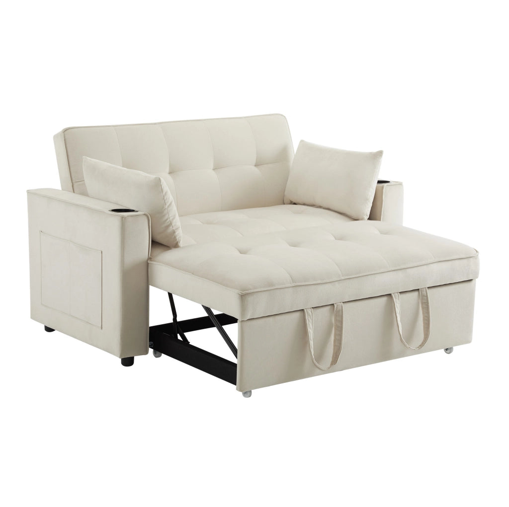 Divano letto ULEVR 137 cm in velluto beige, schienale regolabile a 3 posizioni con portabevande e tasche laterali
