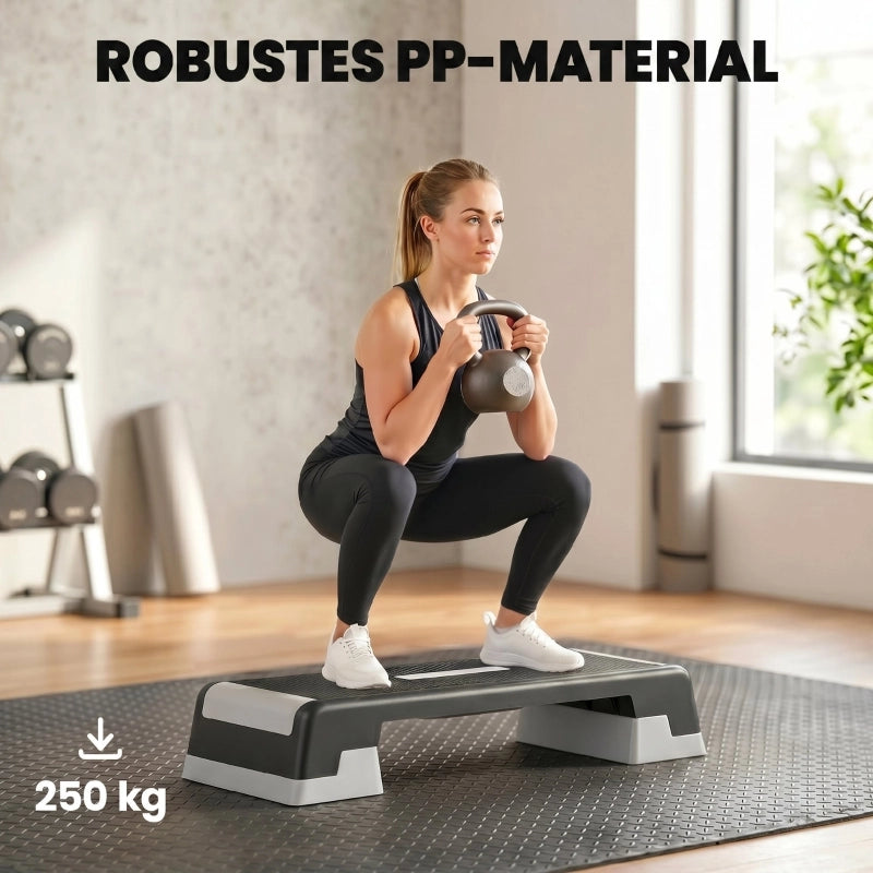Pedana step regolabile in altezza, stepper aerobico fitness con 3 livelli (15/20/25 cm), tappetino antiscivolo, nero e grigio