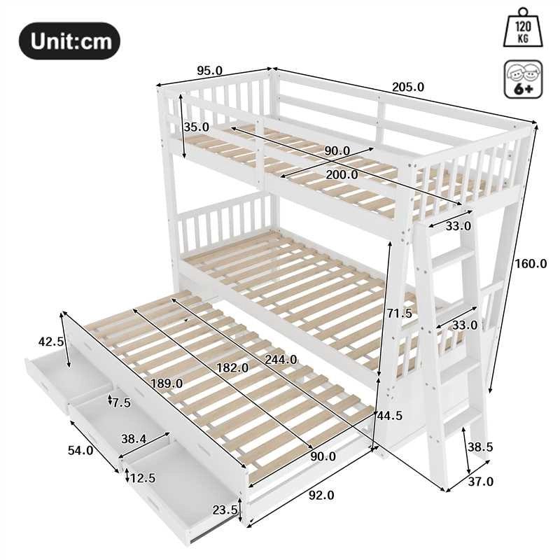 Letto a castello 90 × 200 cm con letto estraibile e 3 cassetti in legno bianco con scala antiscivolo