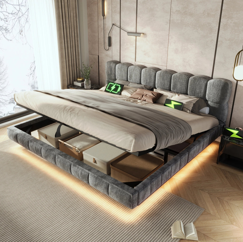 Letto imbottito matrimoniale 180x200 cm grigio con contenitore idraulico, illuminazione LED e porte di ricarica USB e Tipo-C