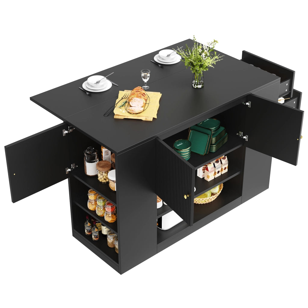 Isola cucina nera con piano pieghevole; cassetti e ripiani; 140 x 40 x 90 cm