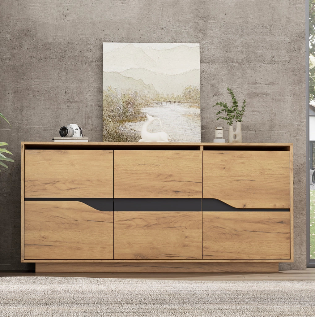 Madia 140x40x70 cm con 3 ante e ripiani regolabili; effetto rovere e nero HOMVRA