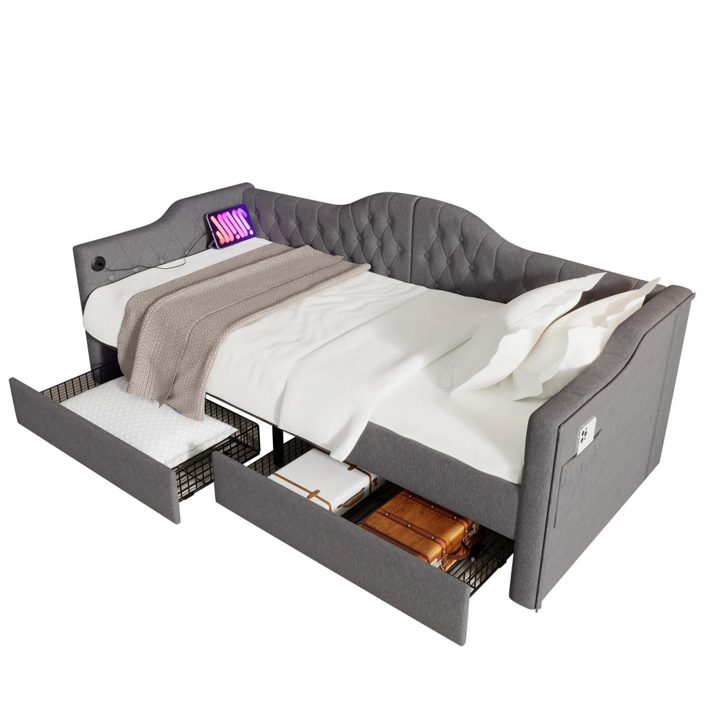 Letto daybed imbottito 90x200 cm grigio con USB e Type-C; 2 cassetti e tasche laterali; struttura in acciaio; legno e MDF; senza materasso