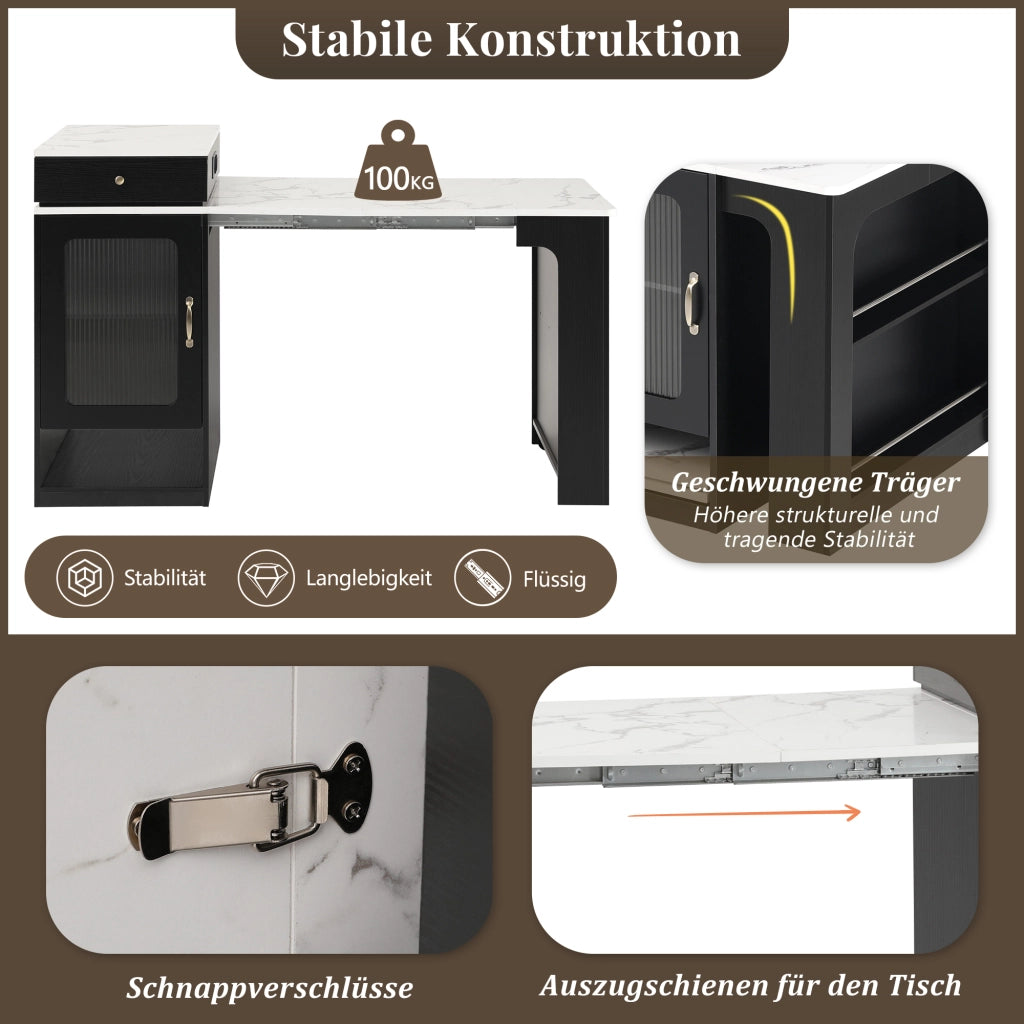Tavolo allungabile con prese integrate; contenitore e ripiani regolabili bianco e nero 80 × 71–111–151 × 92 cm