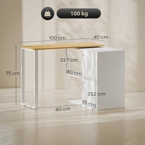 Scrivania angolare girevole a 360°, con 2 armadietti e 2 ripiani aperti, per spazi ridotti, 150x40x75 cm, bianco e impiallacciatura legno chiaro