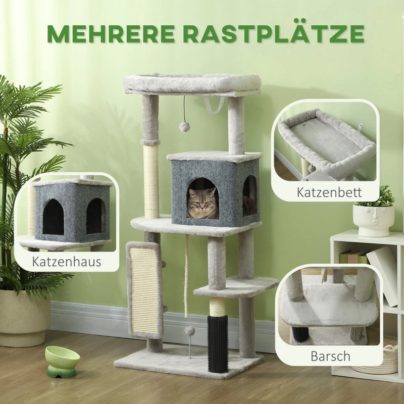 Tiragraffi per gatti con cuccia; letto; piattaforme e tiragraffi in sisal; grigio chiaro; 55 × 44 × 132 cm