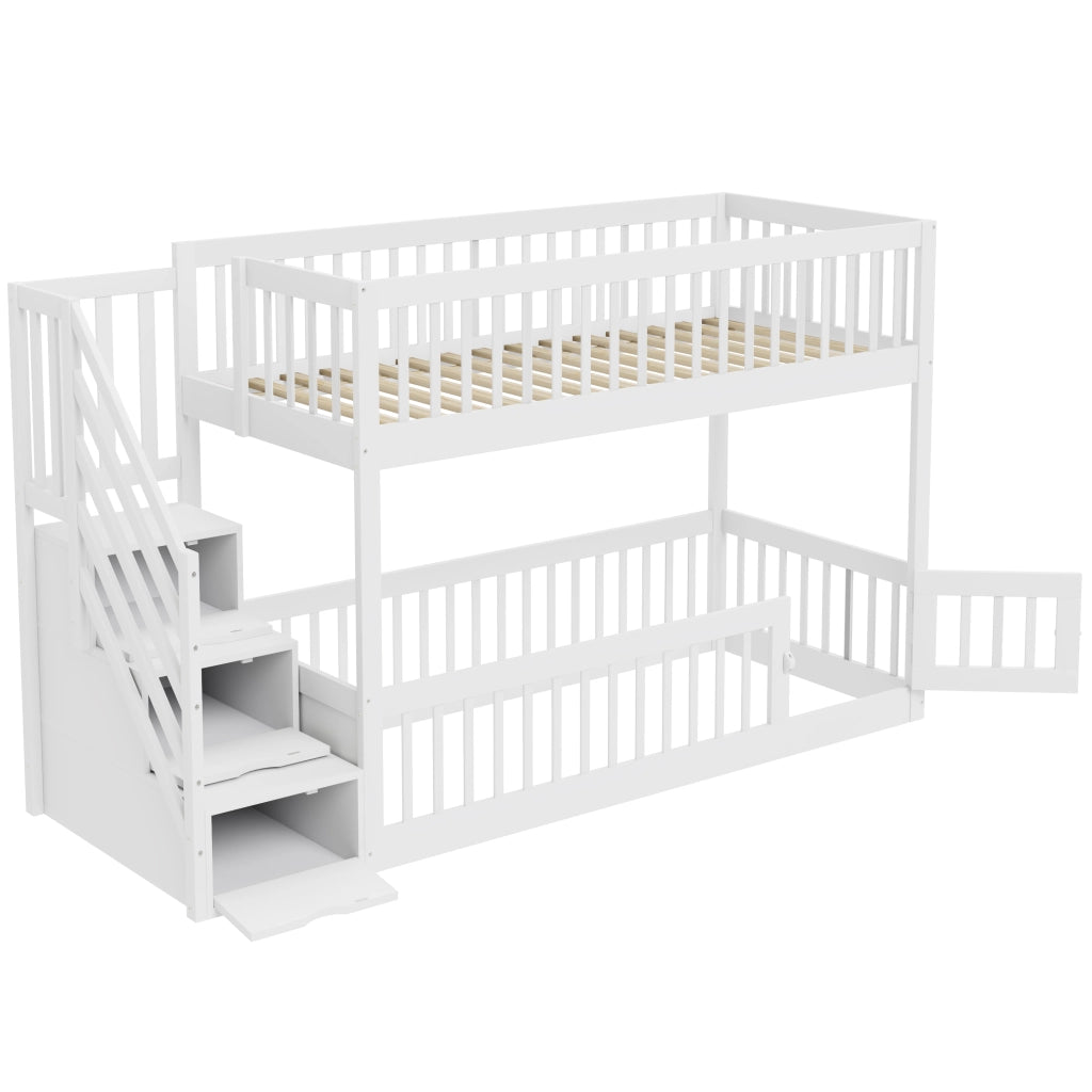 Letto a castello 90×200 cm, letto 2 posti con scala a cassetti, porta inferiore, senza materasso, bianco