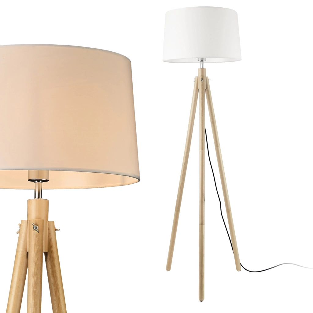 Lampada da Terra in Stile Treppiede Alta 153 cm Piantana Tripode con Paralume Conico in Tessuto Bianco e Gambe in Legno, Metallo - lux.pro