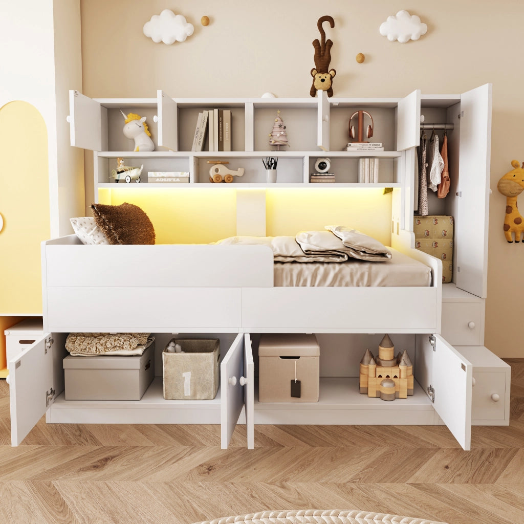 Letto a cabina bambino 90×200 cm con armadio, ripiani, scala contenitore e LED, senza materasso, legno, bianco