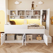 Letto a cabina bambino 90×200 cm con armadio, ripiani, scala contenitore e LED, senza materasso, legno, bianco
