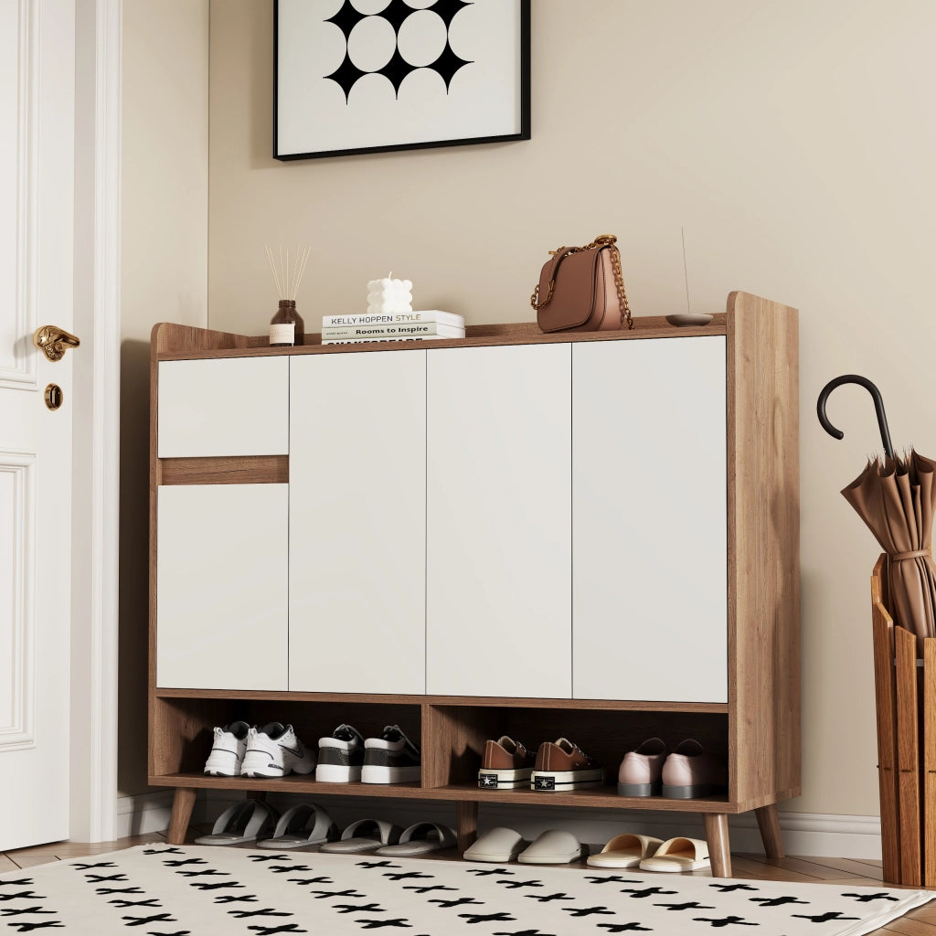 Scarpiera con 4 ante e cassetto ripiano regolabile in pannello truciolare bianco naturale 120 × 35 × 99 cm