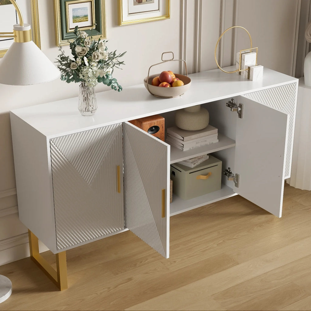 Maderna moderna bianca 150 cm, 4 ante con maniglie dorate, ante strutturate lucide, ripiani regolabili in altezza