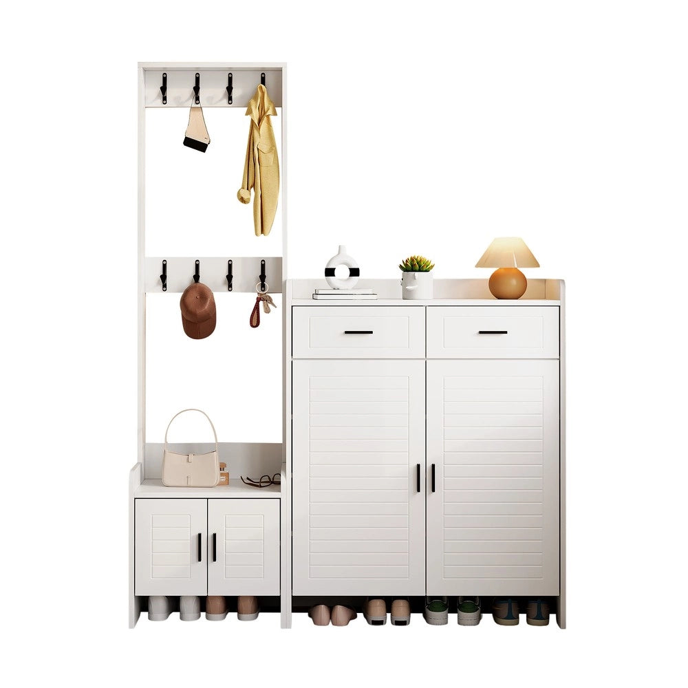 Set appendiabiti e scarpiera ingresso ¨C Minimal ¨C bianco, 2 cassetti 2 ante 6 ripiani 8 ganci, 125x36x165 cm