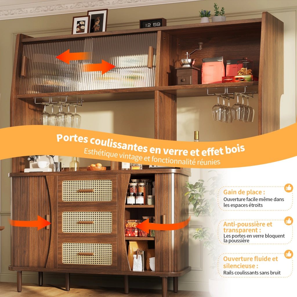 Credenza con ante scorrevoli in vetro 3 cassetti e portabicchieri MDF noce 140 × 40.5 × 174.5 cm