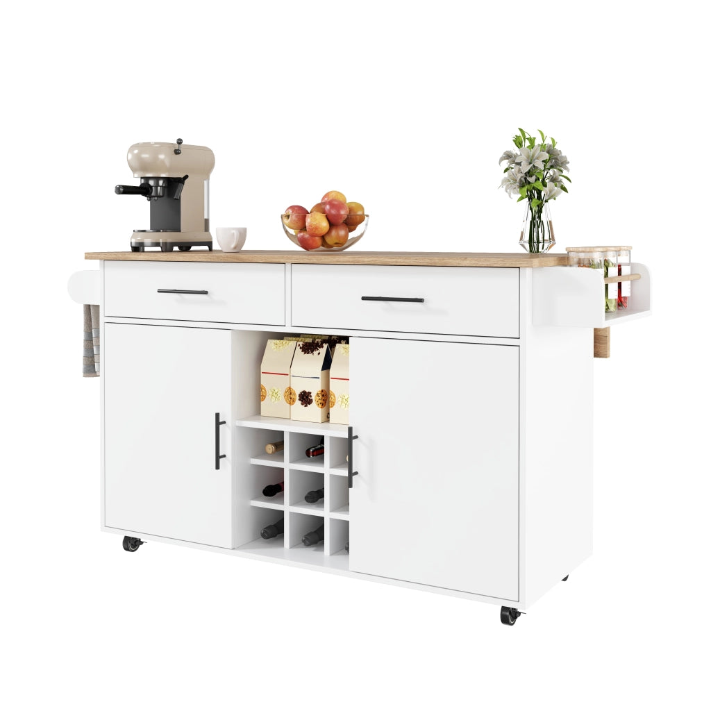 Mobile base da cucina con piano pieghevole; ruote; 2 cassetti e portabottiglie bianco 120 × 45 × 84 cm