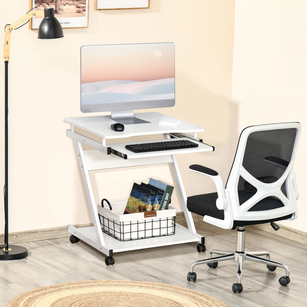 Tavolo Porta PC Classico e Salvaspazio, Piano Tastiera a Scomparsa, 4 Ruote e Ripiano Inferiore Bianco 60x48x73cm