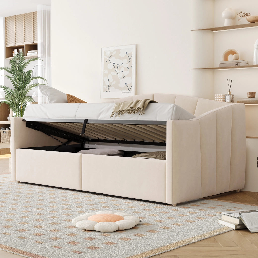 Letto contenitore singolo 90×200 cm con sollevamento idraulico e rete a doghe; senza materasso; velluto; beige