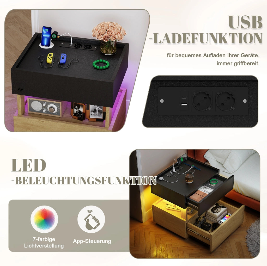 Comodino smart con ricarica wireless, LED, USB e 2 cassetti
