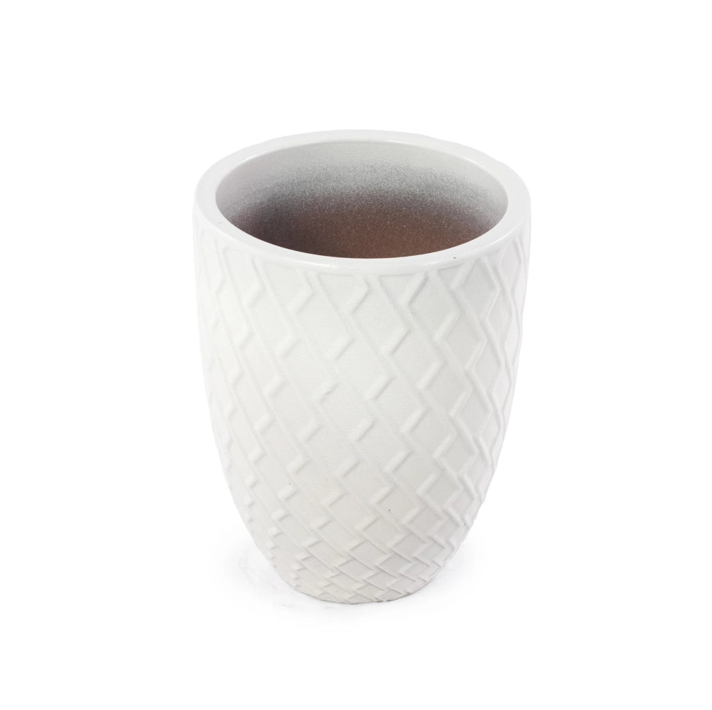 Grande Vaso da Fioriera in Ceramica Artigianale, 42 cm di Diametro × 54 cm di Altezza, Bianco Lucido con Motivo a Rombo, Traspirante e Resistente al Gelo con Fori di Drenaggio
