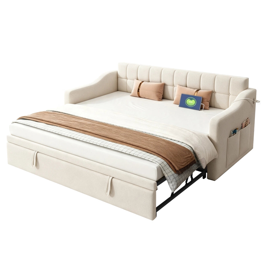 Divano letto singolo 90x190 cm beige in velluto con letto estraibile da 90 a 180 cm