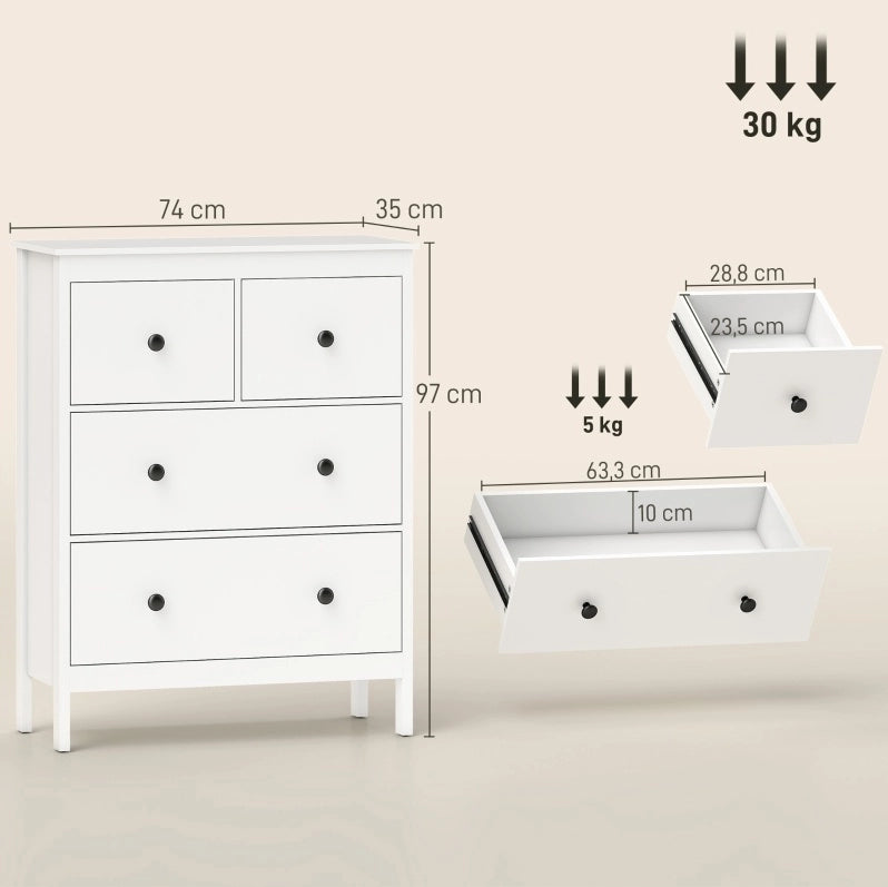 Cassettiera ULEVR 74x35x97 cm con 4 cassetti e guide a sfere, bianca con maniglie nere