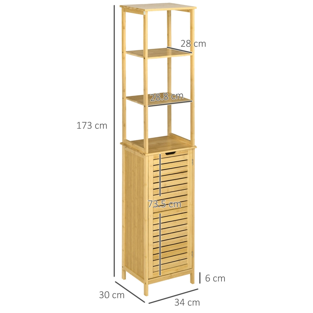 Mobiletto da bagno in bambù 34x30x173 cm con 3 ripiani aperti e 1 anta, stabile e salvaspazio