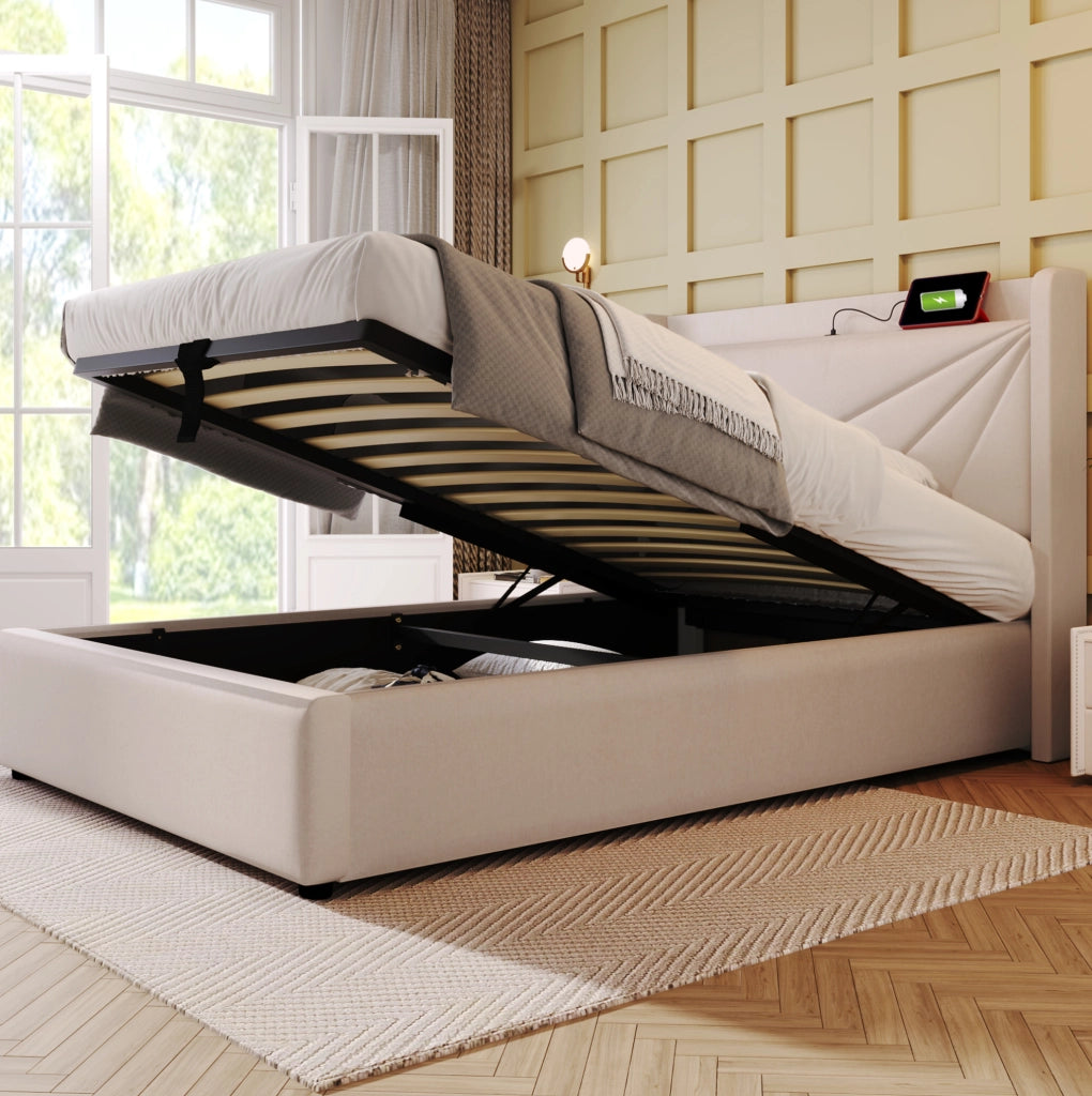 Letto singolo imbottito con contenitore 90x200 cm, struttura in lino con testiera USB Tipo C e rete a doghe