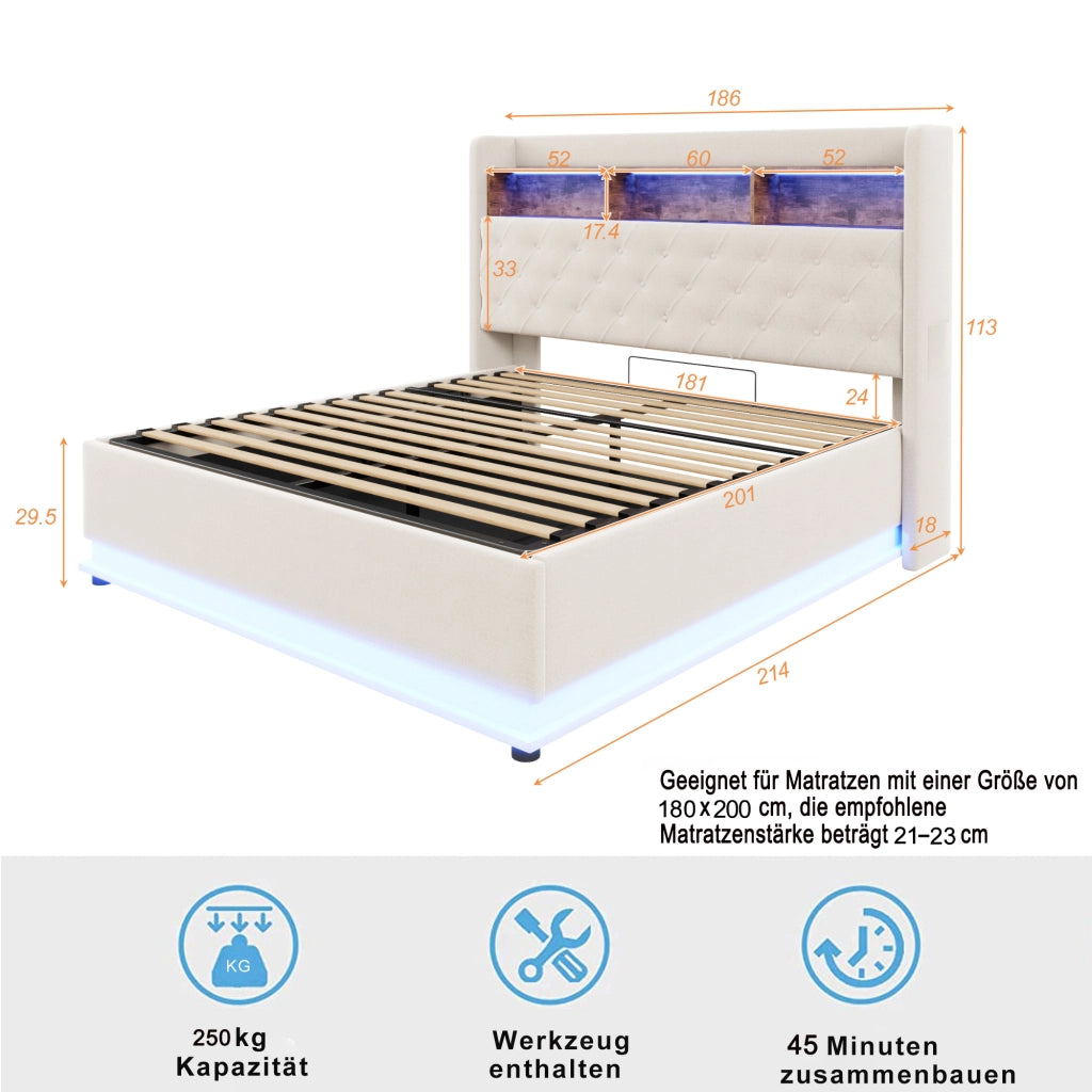 Letto matrimoniale imbottito 180 × 200 cm con LED USB vano contenitore idraulico in lino beige