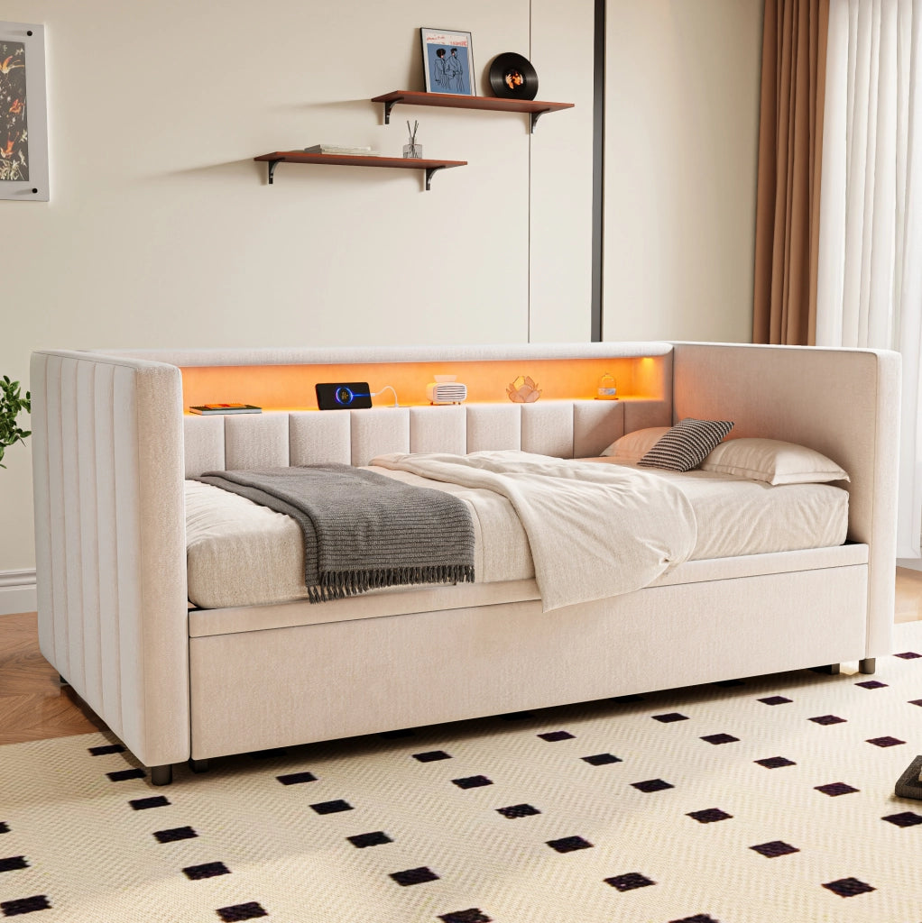 Divano letto estraibile con LED e USB Type-C; 90x190 cm; in velluto beige