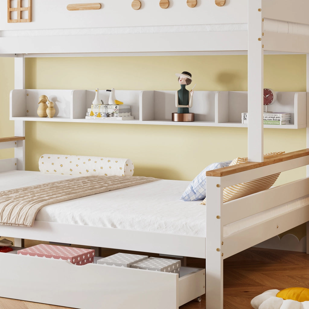 Letto a castello 90x200 e 140x200 cm con 2 cassetti; finestre e scaffali; bianco e naturale
