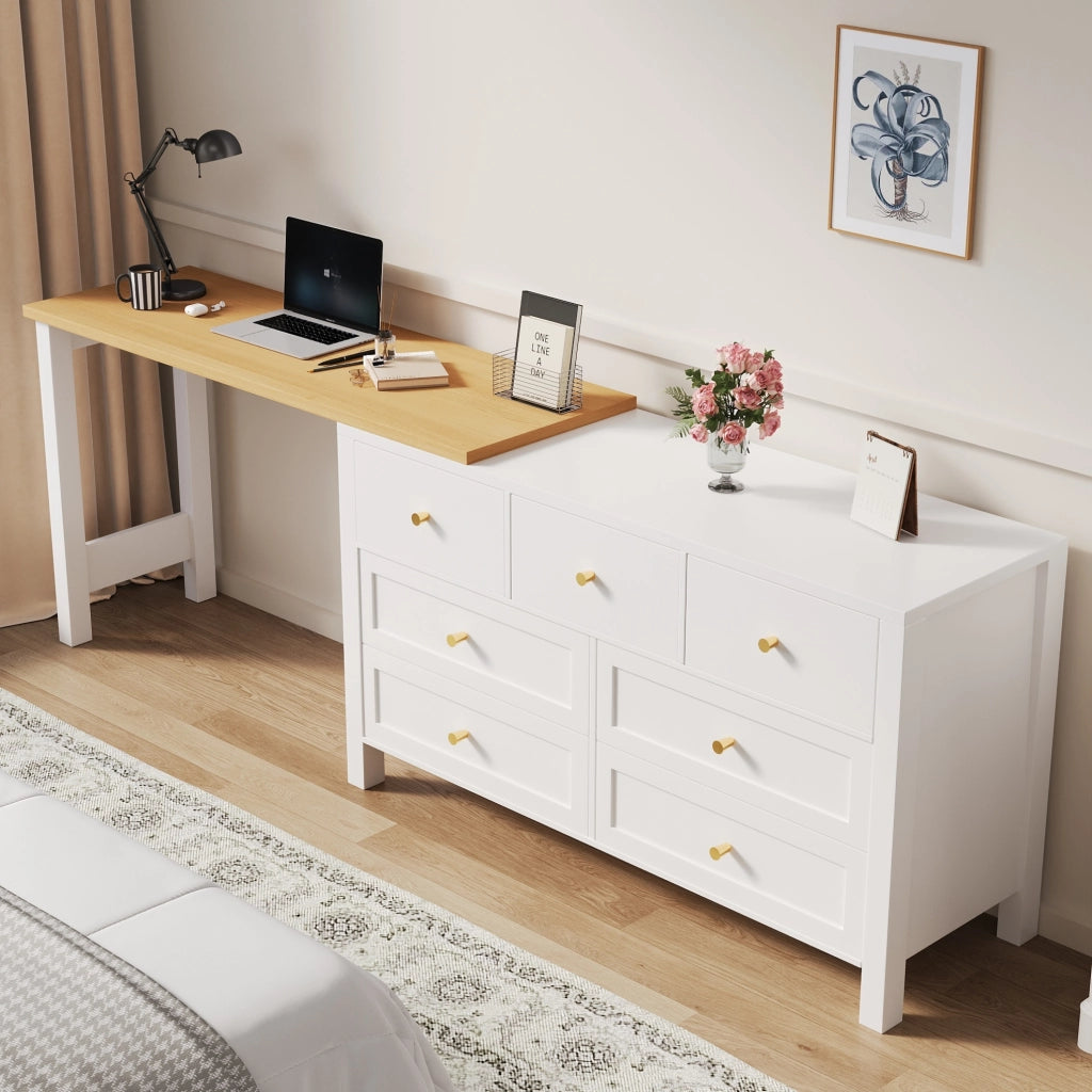 Scrivania 2-in-1 con 7 cassetti e piano girevole a 360°, finitura in effetto rovere, bianco/naturale, scrivania angolare a L