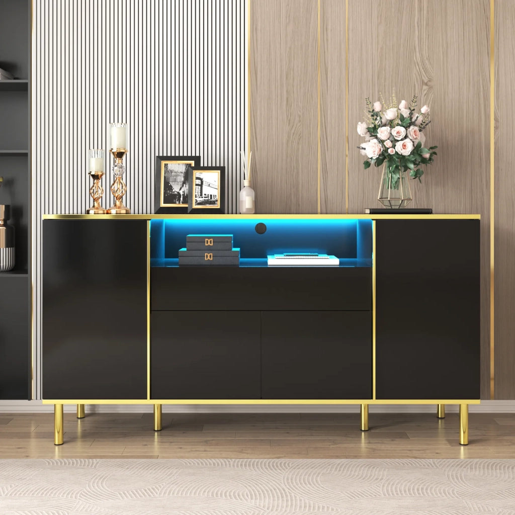 Sideboard nero lucido con 1 cassetto, 150x40x80 cm