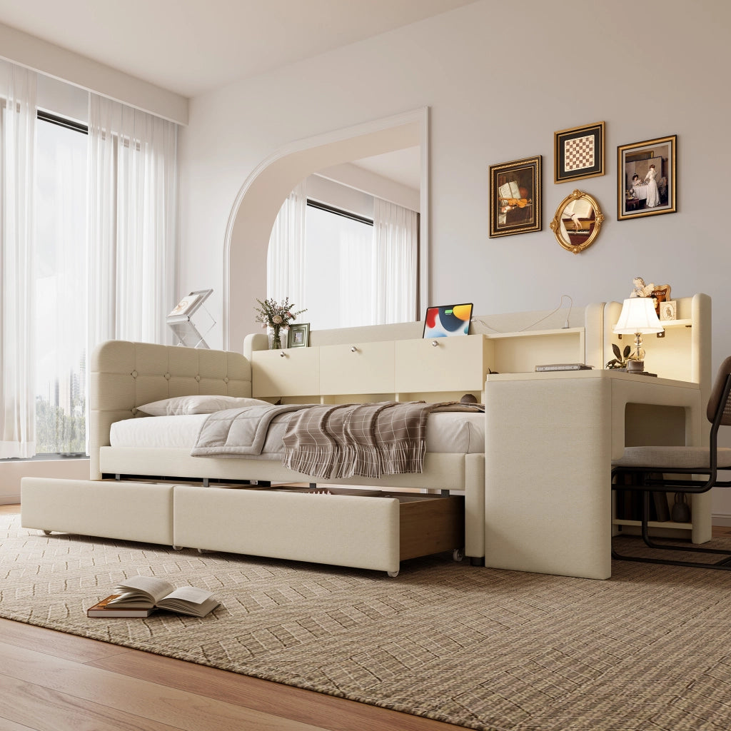 Letto giorno funzionale in lino beige 90x200 cm