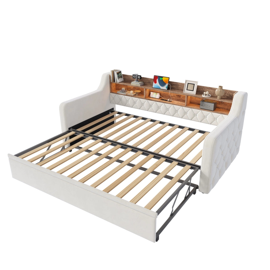 Divano letto 90x190 cm in velluto beige con contenitore in legno, illuminazione LED, prese USB e Type-C, rete a doghe e braccioli
