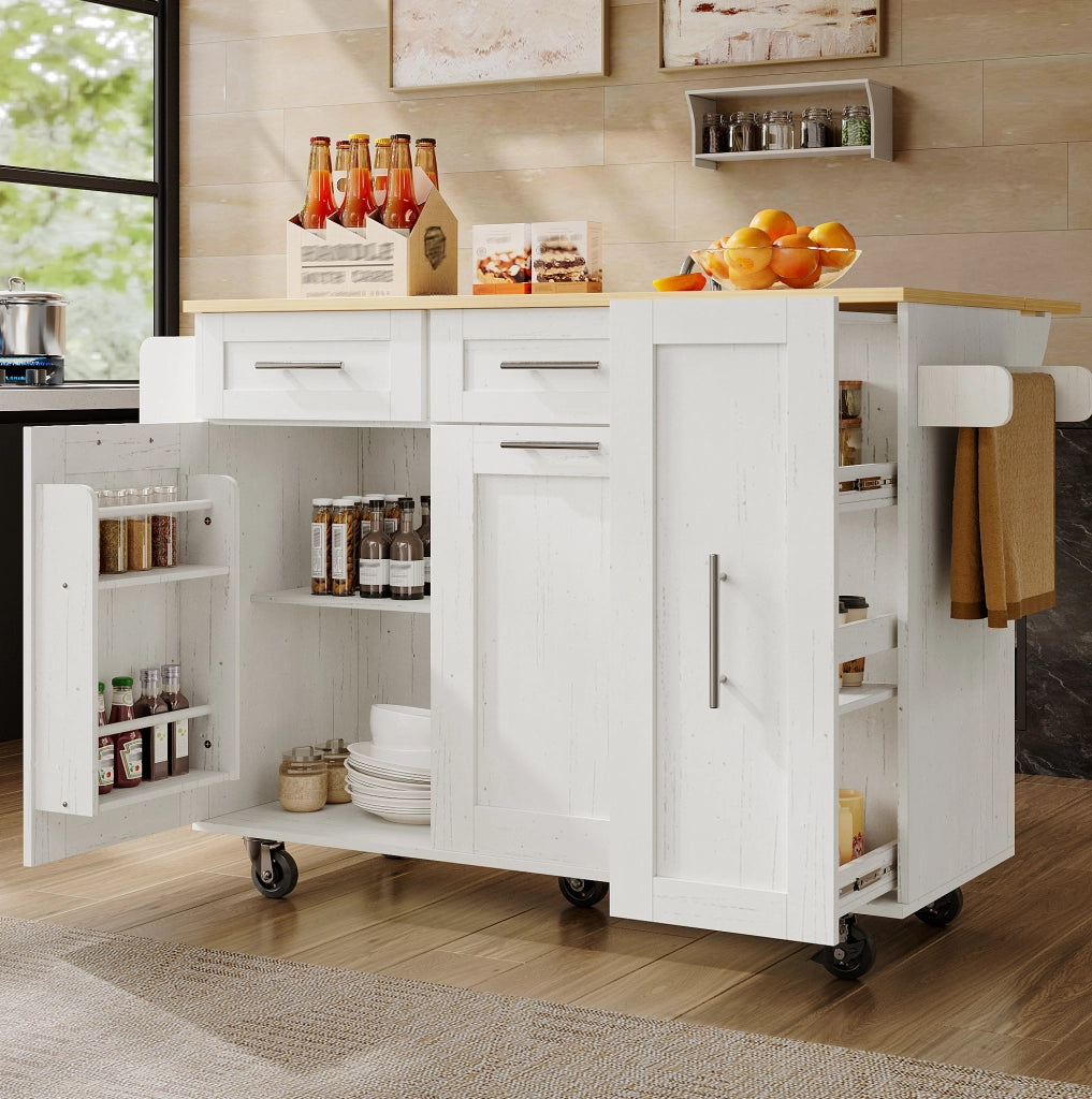 Isola cucina multifunzione bianca 110x46 cm con piano ribaltabile, ruote e ampio spazio interno