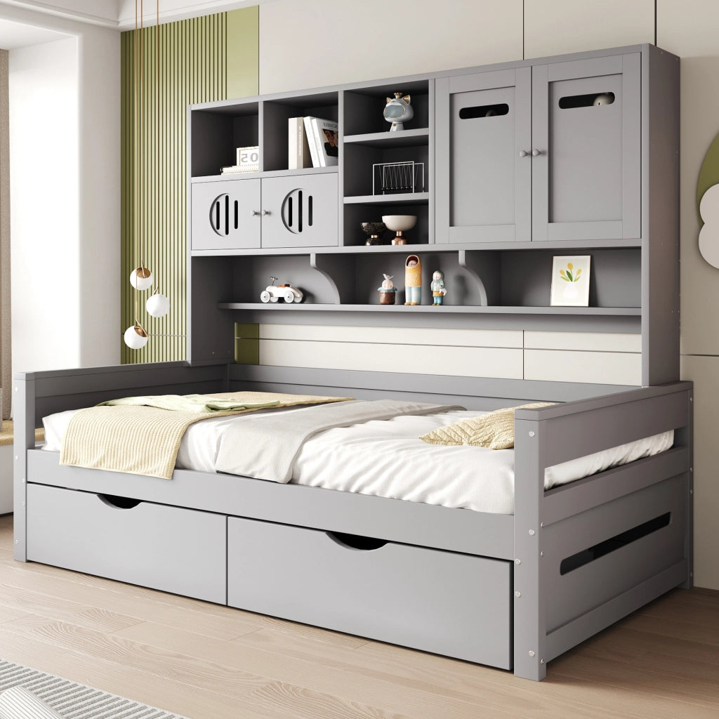 Letto con cassetti 90 × 200 cm con vano multifunzione e rete a 15 doghe in legno di pino grigio