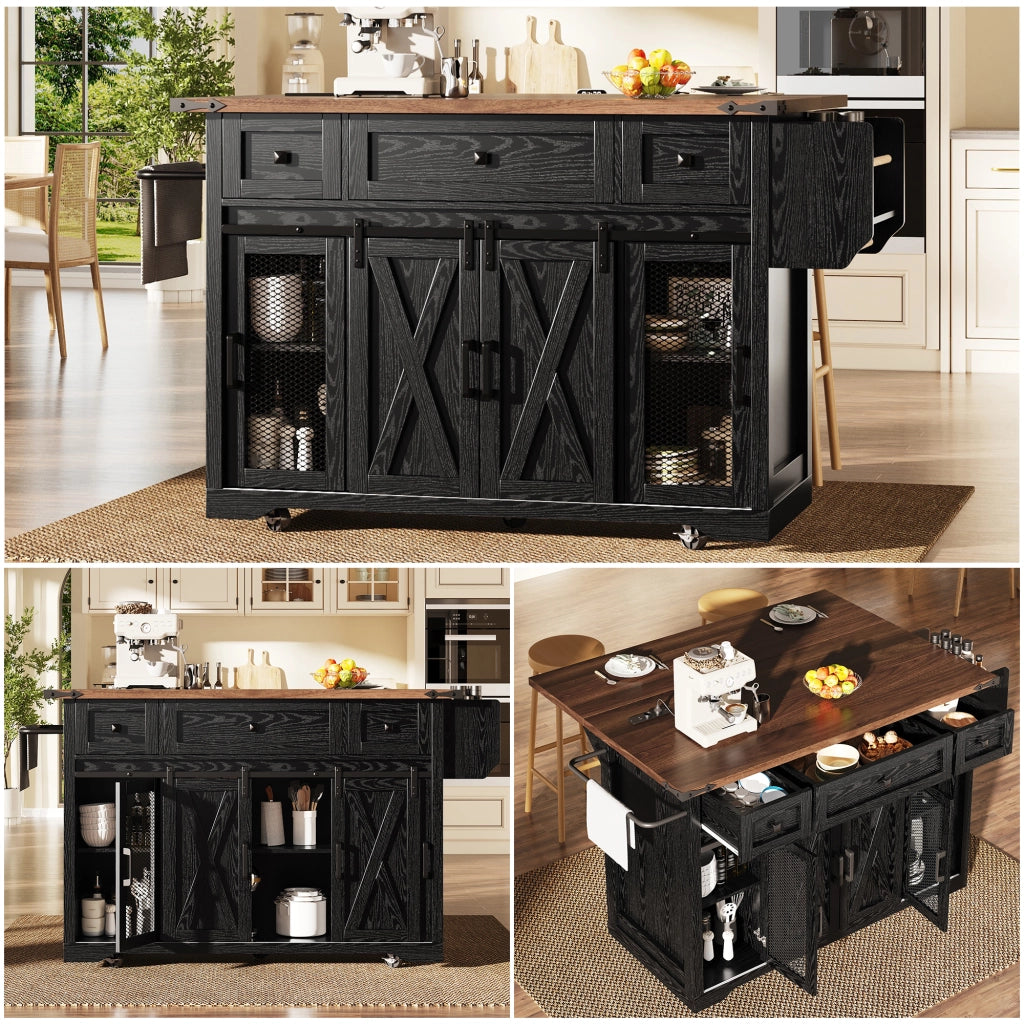 Isola-carrello da cucina con piano estraibile e prese; nero; altezza 91 cm; portata 75 kg