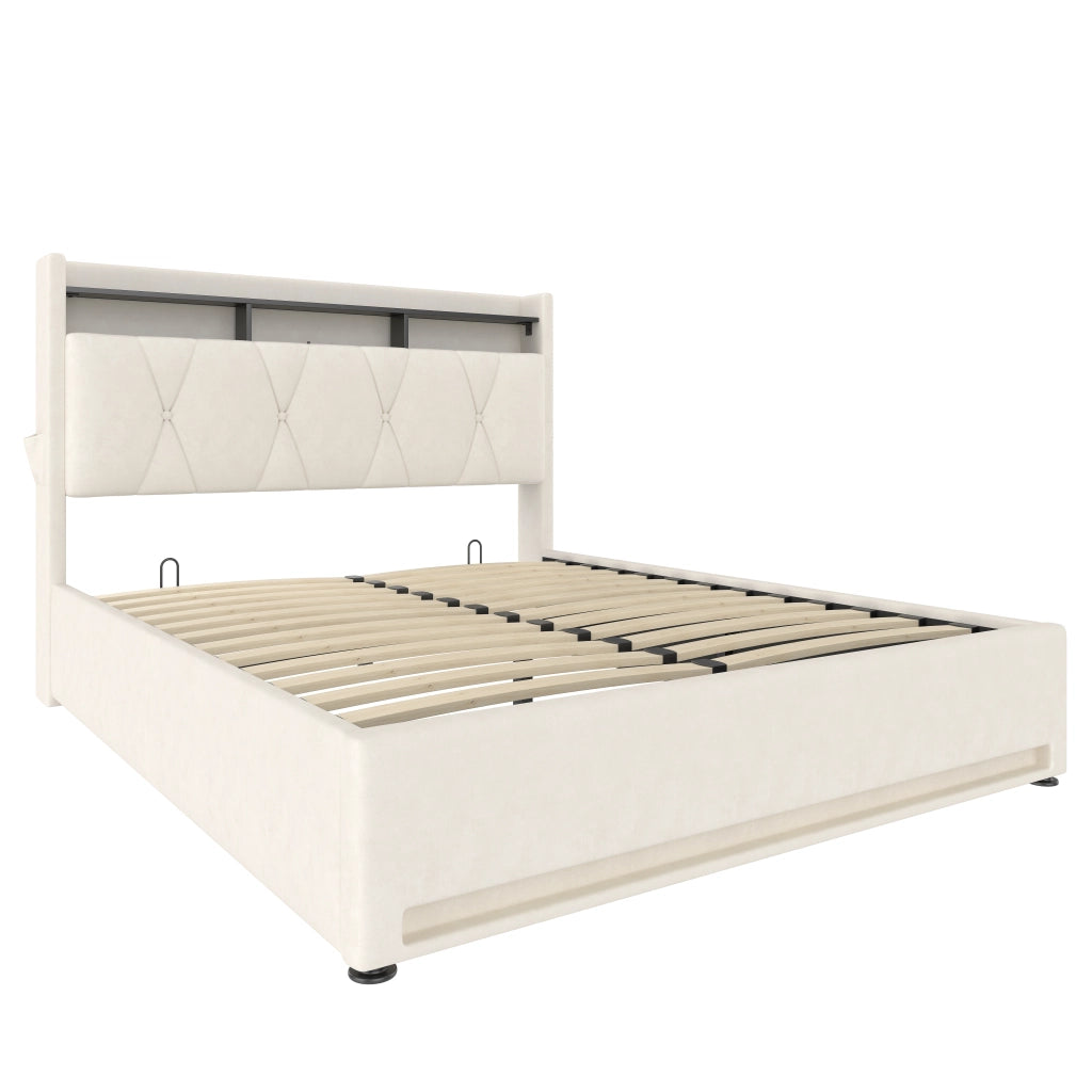 Letto 140x200 cm con contenitore idraulico, LED, USB e USB-C in velluto beige