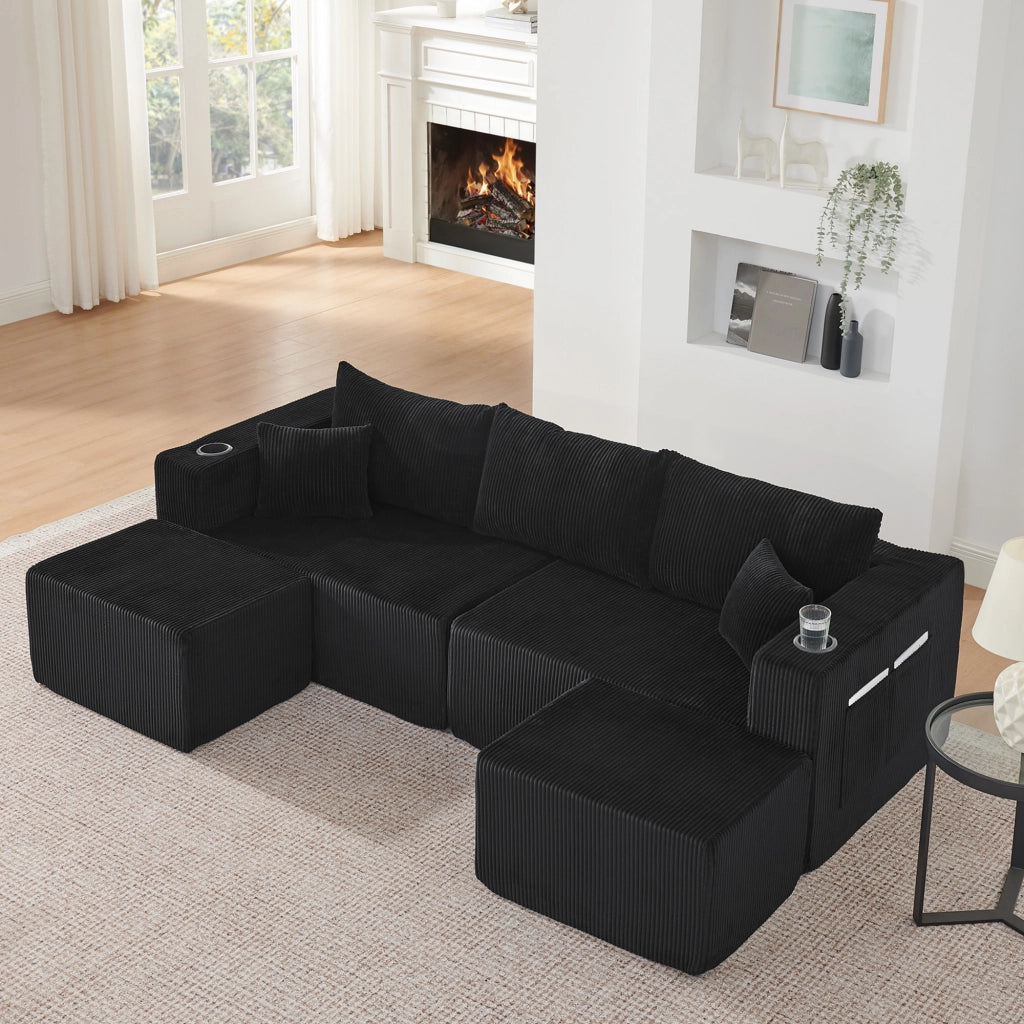 Divano angolare modulare 3 posti con 2 pouf mobili in velluto a coste nero