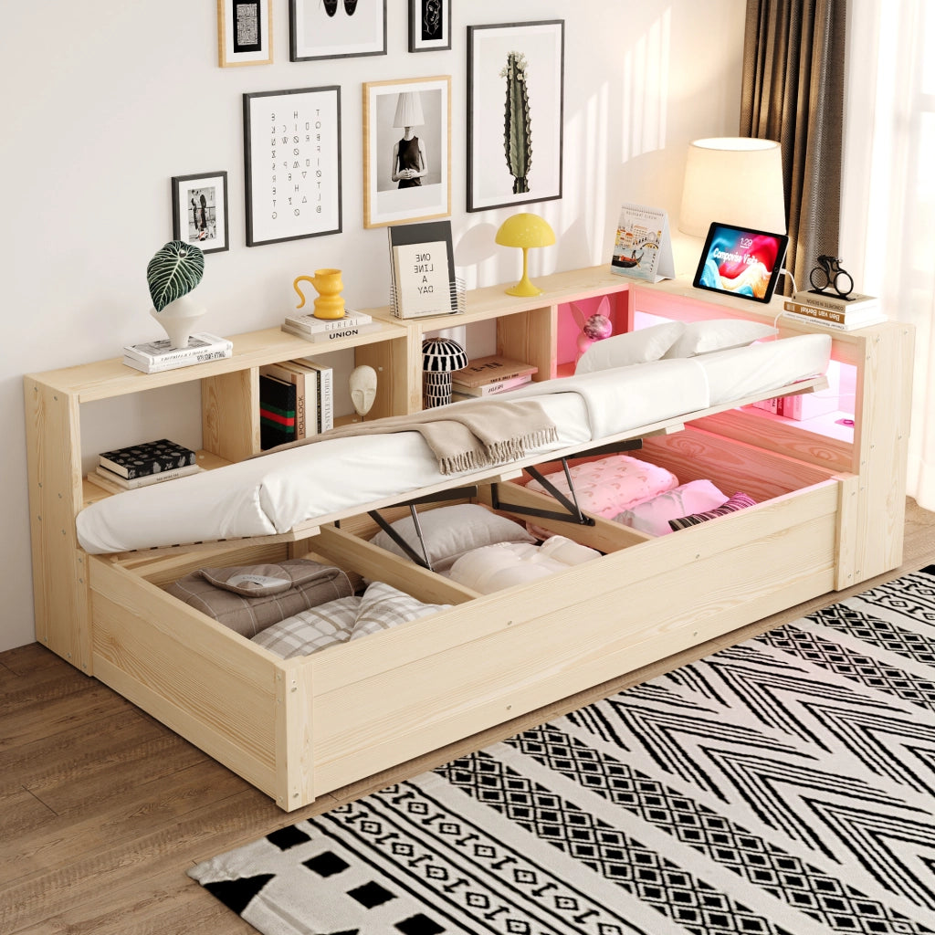 Letto singolo con contenitore 90 × 200 cm idraulico con vani; LED e presa integrata in legno naturale