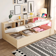 Letto singolo con contenitore 90 × 200 cm idraulico con vani; LED e presa integrata in legno naturale