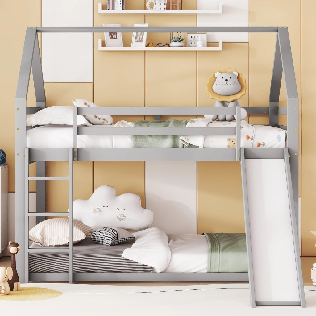 Letto a castello per bambini 140 × 200 cm 4 posti con scivolo e scala; senza materasso; in pino e MDF grigio
