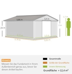 Capanno da Giardino 12,4 m² con Tetto a Padiglione e Porte Scorrevoli, Struttura in Acciaio Zincato, Dimensioni 340x386x200 cm, Marrone