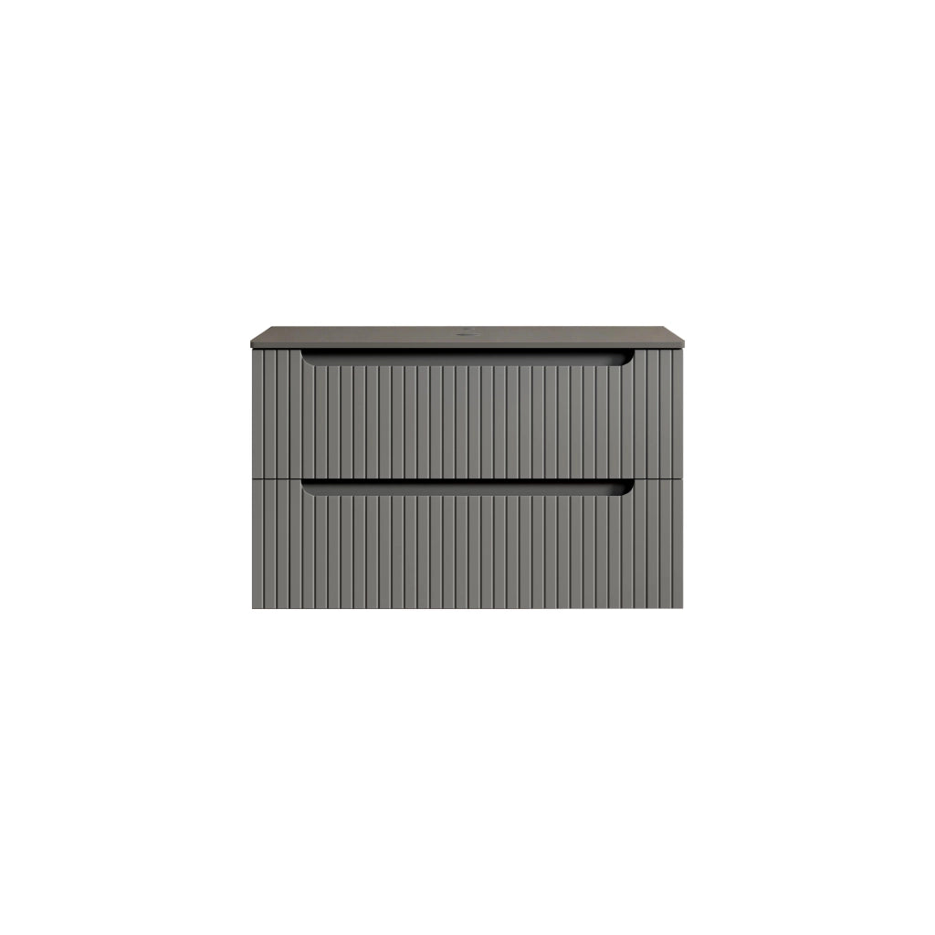 Mobile bagno sospeso 80 cm, nero, piano in pietra sinterizzata, mobile in compensato striato con 2 cassetti, grigio scuro, preassemblato, senza lavabo