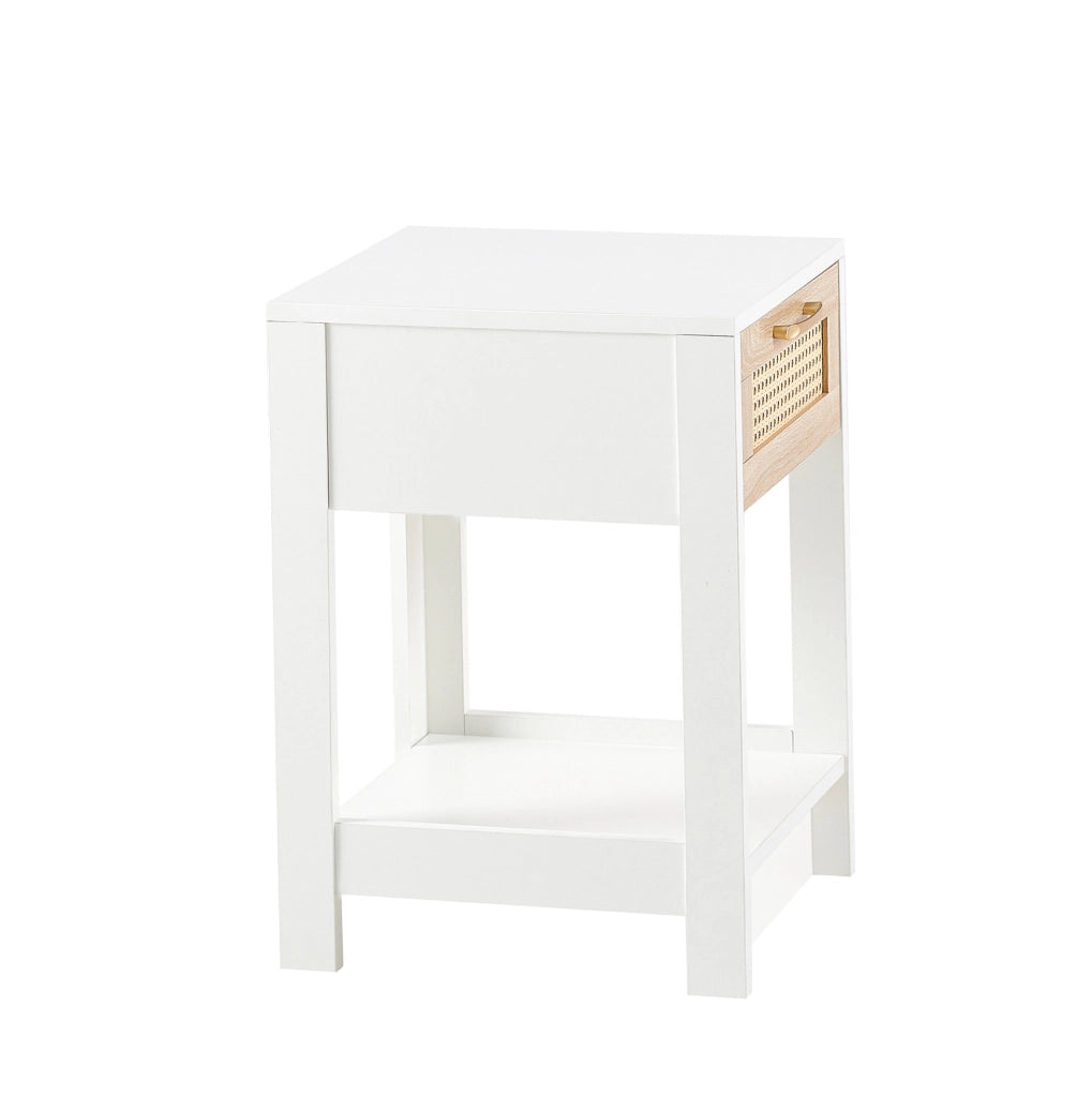 Comodino con cassetto 40x40x55 cm in MDF bianco e naturale effetto rattan
