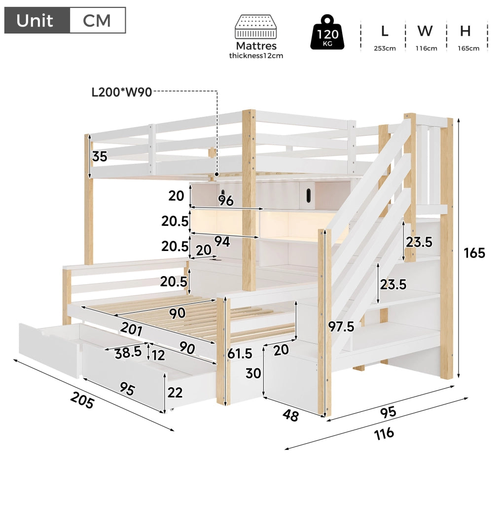 LETTO a Castello per Bambini 90x200 cm con Scala Contenitore, Bianco