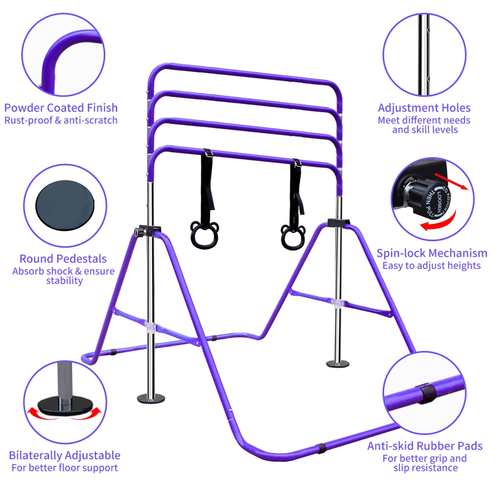 Sbarra ginnica regolabile per bambini in ferro viola con base antiscivolo per allenamento domestico 107,5 × 36 × 12,5 cm