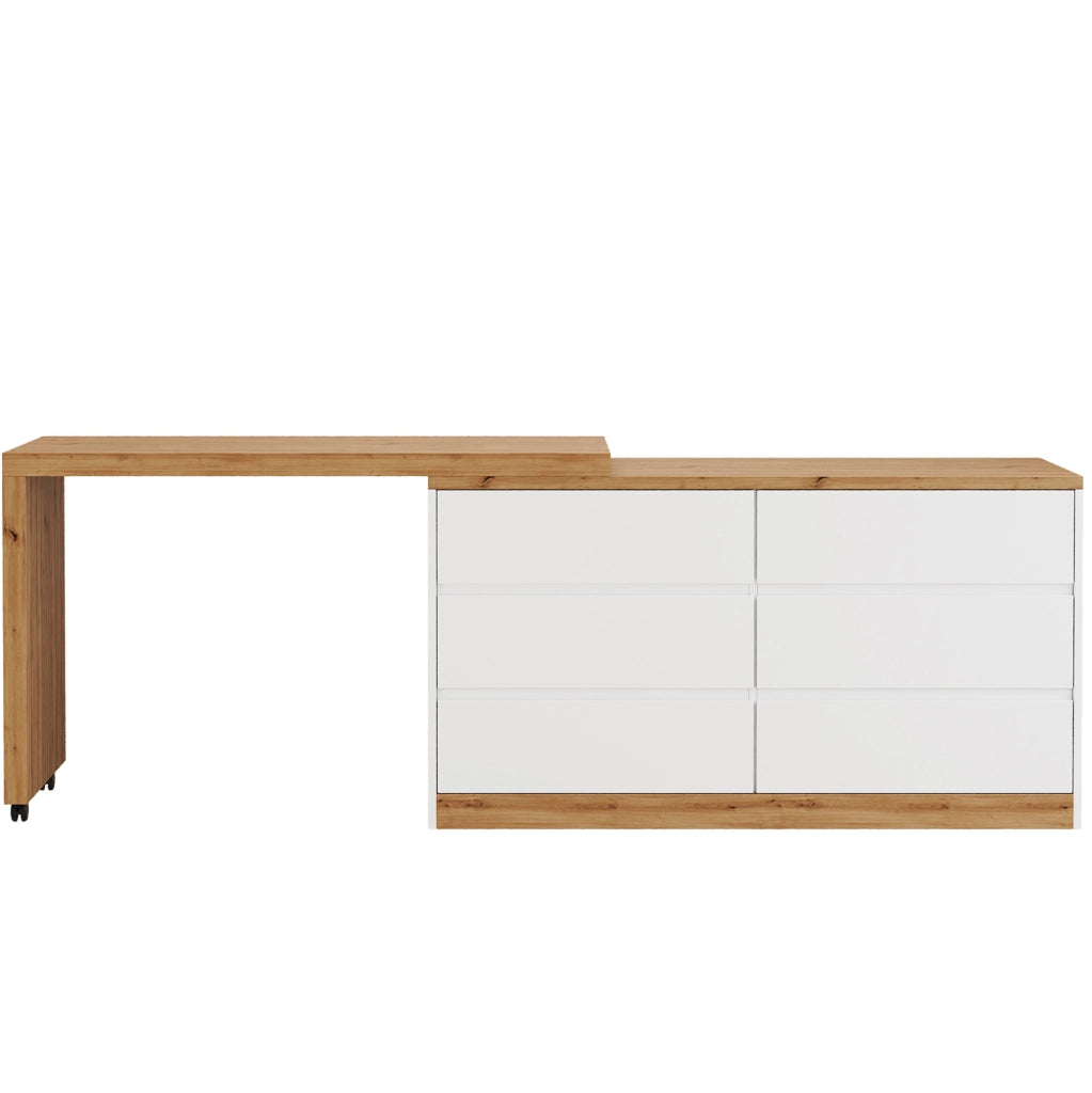 Scrivania girevole ULEVR 120x50 cm con 6 cassetti, ruote bloccabili e piano rotante, rovere e bianco