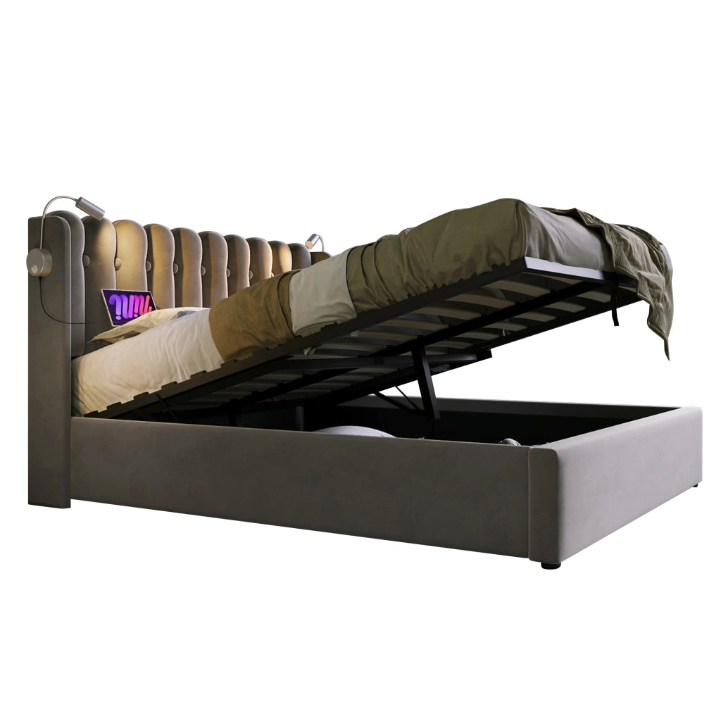 Letto matrimoniale imbottito 160 ¡Á 200 cm con contenitore luce da lettura usb velluto grigio con materasso