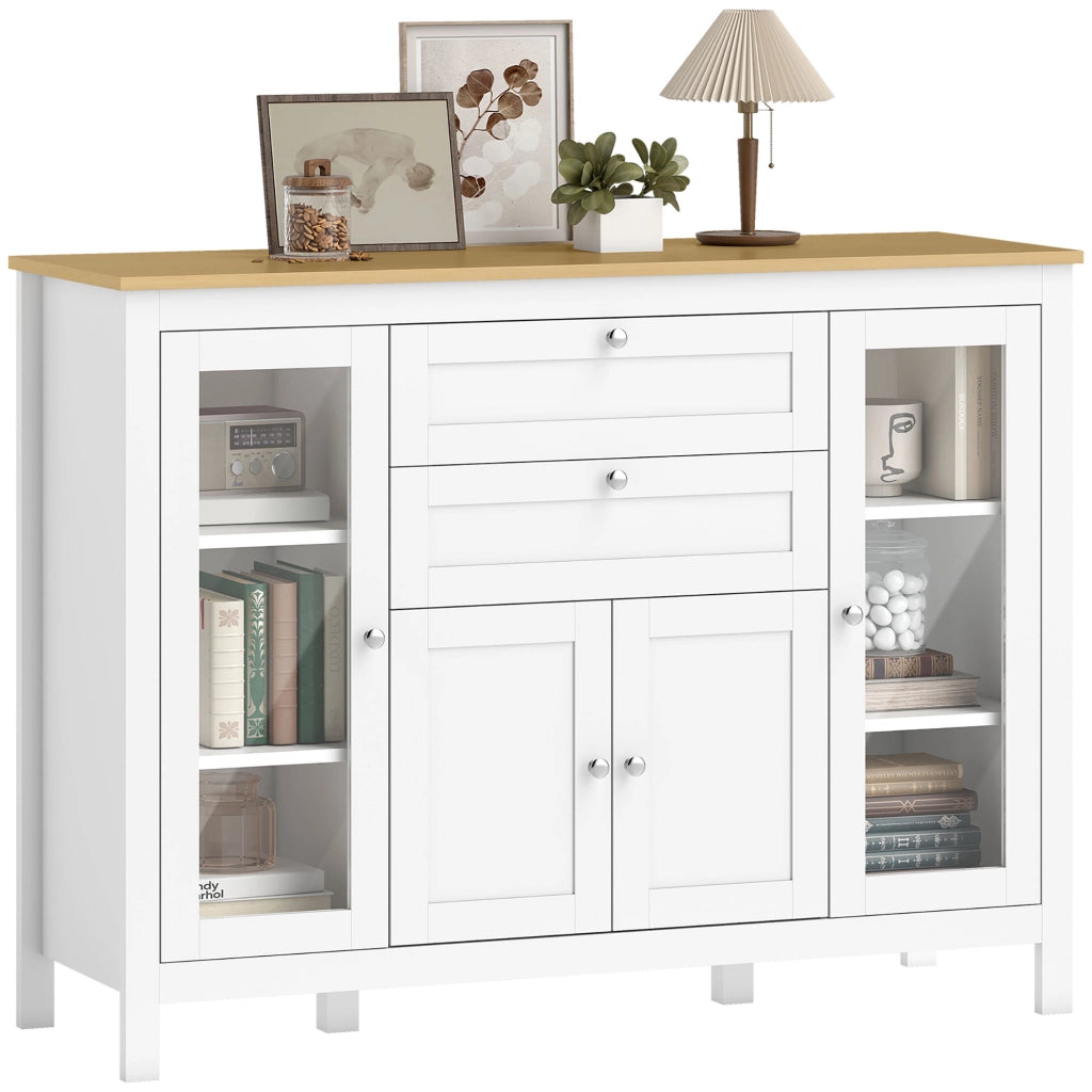 Mobile Cucina con 2 Cassetti e 3 Armadietti, Ante in Vetro e Ripiani Regolabili, 120x40x90 cm, Bianco e Rovere